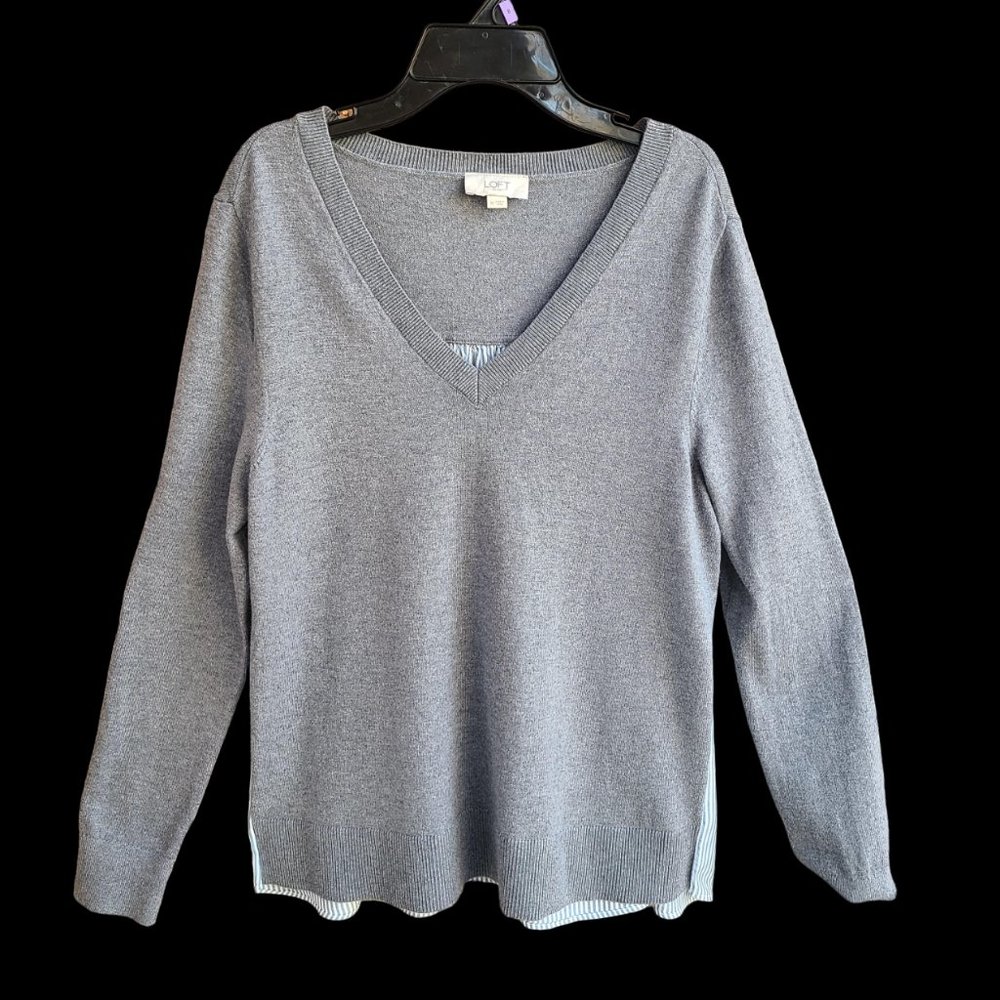 LOFT Outlet Womens Knit Woven Top Pullover V-neck Long Sleeves Gray Size M